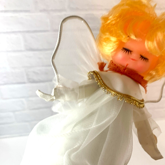 Vintage Christmas Angel Tree Topper Japan 1960s MCM 8” Cone Eyes Closed Blonde - Picture 7 of 8